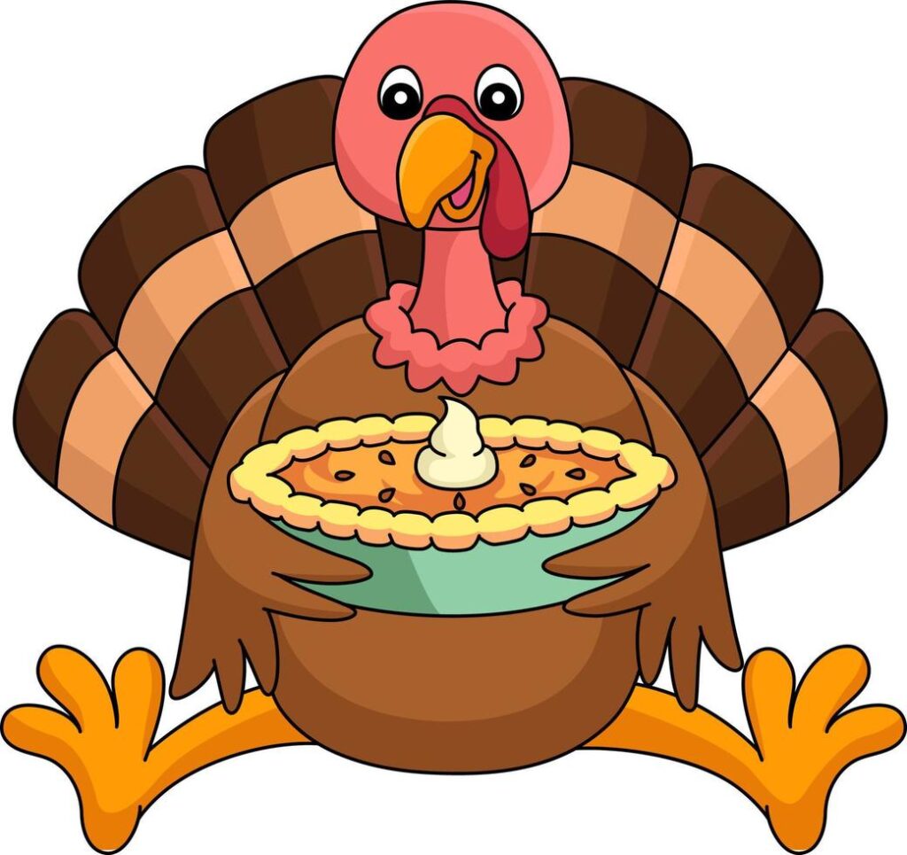 turkey cartoon holding a pumpkin pie photo courtesy of Vecteezy.com